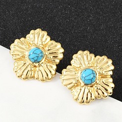 304ステンレススチール製合成ターコイズスタッドピアス（女性用）  イオンプレーティング（ip）  花  18KGP本金メッキ  21.5x22mm&nbsp;EJEW-U046-15G