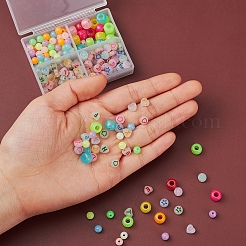 4スタイルの蓄光アクリル＆プラスチックビーズ  水平穴  ラウンド＆ロンデル＆ハート＆フラットラウンド  ミックスカラー  約215~235個/箱&nbsp;LACR-YW0001-03