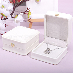 PUレザーネックレスペンダントギフトボックス2個  金メッキされた鉄の王冠とベルベットの内側  結婚式のための  ジュエリー収納ケース  ホワイト  8.4x7.2x4cm&nbsp;LBOX-CL0001-01