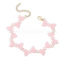 女性用ガラスシードビーズ蝶結びリンクブレスレット  ピンク  7-7/8インチ（20cm）&nbsp;BJEW-MZ00207-02