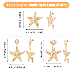 3ペア3スタイルの合金ヒトデダングルスタッドピアス、プラスチックパールビーズ付き  ゴールドカラー  49~68x47~51mm  1ペア/スタイル&nbsp;EJEW-FI0002-95