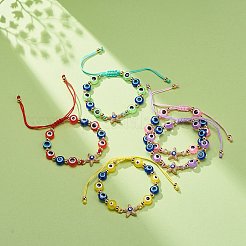 ナザールボンジュウ樹脂ビーズ & ヒトデ合金ラインストーン編組ビーズのブレスレット女の子の女性  調節可能なナイロン糸コードブレスレット  ゴールドカラー  ミックスカラー  内径：1-7/8~3インチ（4.8~7.6cm）&nbsp;BJEW-JB08740-05