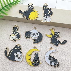 合金エナメルチャーム  頭蓋骨と月のチャームが付いた猫  ミックスカラー  10~30mm  8個/セット&nbsp;PW-WGB8D3D-01