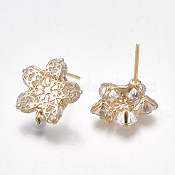 真鍮製スタッドピアスパーツ  キュービックジルコニアとループ  ニッケルフリー  18KGP本金メッキ  花  透明  15.5x15mm  穴：1.8mm  ピン：0.8mm&nbsp;KK-T038-490G