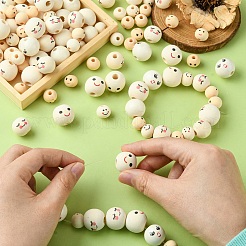 140スタイルのプリントウッドビーズ7個。  笑顔の模様で丸い  染色されていない  ビスク  12~18x11~17mm  穴：2.9~5mm  20個/スタイル&nbsp;WOOD-YW0001-14