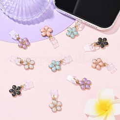 5 個のプラスチックモバイル防塵プラグ  合金エナメルフラワーペンダント付き  ゴールドカラー  ミックスカラー  30mm&nbsp;HJEW-FS00093