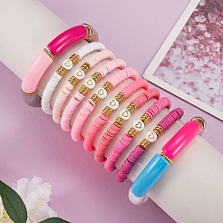 10個10スタイル手作りポリマークレイヘイシビーズストレッチブレスレットハート付き  女性のためのアクリル分厚いカーブチューブブレスレット  ピンク  内径：2-1/8インチ（5.5cm）&nbsp;BJEW-SW00036-02