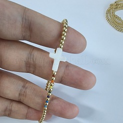 夏向けの真鍮とシェルのクロスビーズストレッチブレスレット  ゴールドカラー  内径：6-7/8インチ（17.5cm）&nbsp;CN4982