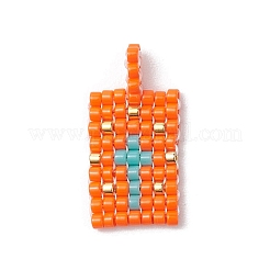 ガラスシードビーズペンダント2個  風の目/十字模様の長方形  サンゴ  20x10x1.5mm  穴：2mm  2個/セット&nbsp;PALLOY-MZ00246-05