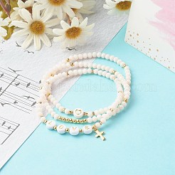 ガラスビーズストレッチブレスレットセット  アクリル＆真鍮ビーズ付き  304ステンレススチールクロスチャーム  愛  乳白色  内径：2-1/4インチ（5.7cm）  3個/セット&nbsp;BJEW-JB06575-04