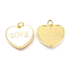 真鍮製エナメルペンダント  長持ちメッキ  18KGP本金メッキ  丸カン付き  バレンタインデーの  単語「love」付けのハート  ホワイト  17.5x20x2.5mm  穴：3mm&nbsp;X-KK-B027-03G-D