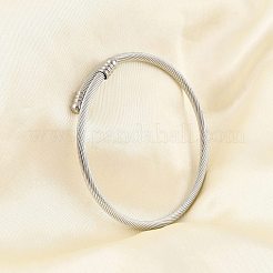 変色しにくい304ステンレススチールのオープンカフバングル、楕円形のビーズ付き  女性用ツイストロープトルクバングル  ステンレス鋼色  内径：2-1/8インチ（5.5cm）&nbsp;BJEW-C031-01P