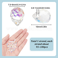 透明電気メッキガラスビーズ連売り  多面カット  トップドリルドティアドロップ  クリアAB  10x7.5~8mm  穴：0.8~1mm  約95~100連/セット  23.23~26.77（59~68センチメートル）&nbsp;EGLA-SP0001-05B