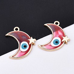 合金エナメルチャーム  ゴールドカラー  星とナザールボンジュウのある月  ミックスカラー  25x21x2mm  穴：1.6mm&nbsp;ENAM-F143-03-G