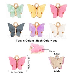 ライトゴールドメッキのアクリルチャーム  蝶  ミックスカラー  12.2~14x14.2~16.5x3~3.2mm  穴：1.6~1.8mm  6色  4個/カラー  合計24個/箱&nbsp;PALLOY-SC0002-58