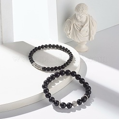 ナチュラルオブシディアンラウンドビーズストレッチブレスレットセット  ラウンド＆チューブ真鍮マイクロパヴェキュービックジルコニアビーズブレスレット  プラチナ  内径：2-1/4インチ（5.6cm）  2個/セット&nbsp;BJEW-JB06980-04