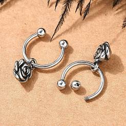 ローズフラワー 316 サージカルステンレススチール ダングル ハーフフープ イヤリング 女性用  アンティークシルバー  20x7mm  内径：10.16mm  ピン：1.16mm（17ゲージ）&nbsp;EJEW-G416-45AS