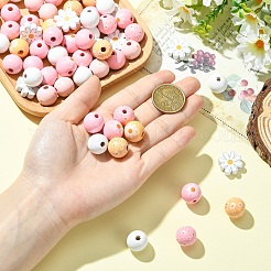 花と丸い天然木製ビーズ  染め  ジュートコード付き  ミックスカラー  15~19x14~19mm  穴：3.3~4.5mm&nbsp;WOOD-YW001-76
