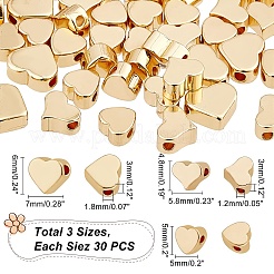 90個3スタイル真鍮ビーズ  ロングメッキ  ハート  14KGP本金メッキ  4.8~7x5.8~6x3mm  穴：1.2~1.8mm  30個/スタイル&nbsp;KK-PH0004-83