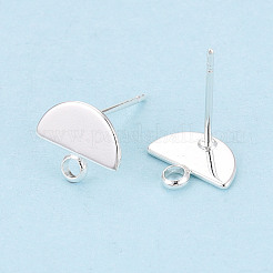 真鍮製スタッドピアスパーツ  カン付き  半円  925銀メッキ  8x10x1mm  穴：1.8mm  ピン：0.8mm&nbsp;KK-WH20009-17S