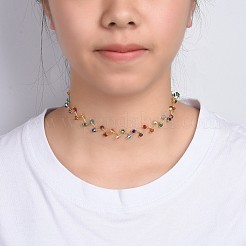 ガラスビーズのネックレス  真鍮のカニカンと鉄のツイストチェーン付き  ゴールドカラー  カラフル  12.7インチ（32.5cm）  11mm&nbsp;NJEW-JN02499