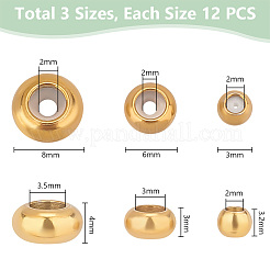 36個 3スタイル 304ステンレススチールビーズ  内部のゴムと  スライダービーズ  ロンデル  ゴールドカラー  4~6x3~4mm  穴：2mm  12個/スタイル&nbsp;STAS-PH0005-71