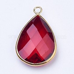 ゴールデントーン真鍮ガラスティアドロップペンダント  多面カット  暗赤色  18x10x5mm  穴：2mm&nbsp;X-GLAA-M006-A-09G