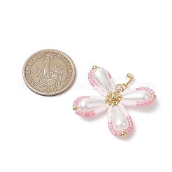 ツートンガラスシードビーズの蝶ペンダント  アクリル模造パールビーズ付き  ピンク  31.5x36x8mm  穴：6.5x2.5mm&nbsp;PALLOY-MZ00556-01