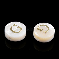 天然淡水シェルビーズ  金メッキ真鍮エッチング金属装飾付き  アルファベット付きフラットラウンド  文字g  7.5~8x4~5mm  穴：0.8mm&nbsp;SHEL-N036-01G