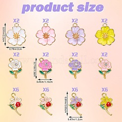 40個12スタイルライトゴールドメッキ合金エナメルペンダント  花  ミックスカラー  18~23x11.5~20x2~6mm  穴：1.6~2.5mm&nbsp;ENAM-SZ0004-51