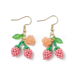 桜の花と304ステンレススチールガラスシードビーズダングルイヤリング  釣り糸ナイロンワイヤー＆アクリルチャーム＆樹脂  ゴールドカラー  ピンク  42x18mm&nbsp;EJEW-MZ00419-02