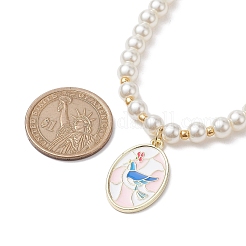 白いガラスパールビーズネックレス  女性用合金エナメルペンダントネックレス  花  ゴールドカラー  鳥  15.63インチ（39.7cm）&nbsp;NJEW-JN04652-05