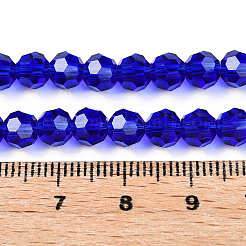 透明ガラスビーズ連売り  ファセット（32ファセット）  ラウンド  ダークブルー  4mm  穴：0.7mm  約87~93個/連  32~33cm&nbsp;EGLA-A035-T4mm-D06