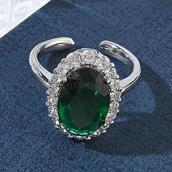 女性用真鍮マイクロパヴェキュービックジルコニアカフオープンリング  オーバル  ガラスと  長持ちメッキ  ラックめっき  プラチナ  グリーン  17mm&nbsp;RJEW-L343-17P-08