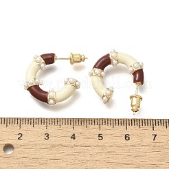 真鍮のC字型スタッドピアス  プラスチックの模造真珠とエナメルを使用  22KGP本金メッキ  21x7mm&nbsp;EJEW-A121-09G