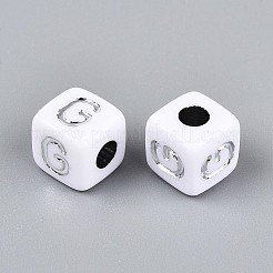 不透明なアクリルビーズ  文字付きのキューブ  シルバーライン入り  文字g  9~10x9~10x9~10mm  穴：4mm  約625個/500g&nbsp;SACR-T035-03G