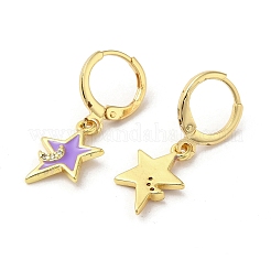 スター & ムーン リアル 18K ゴールド メッキ真鍮ダングル レバーバック イヤリング  エナメル質とキュービックジルコニア付き  ライラック  25.5x11mm&nbsp;EJEW-L268-032G-01