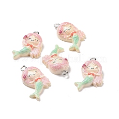 海をテーマにしたオペーク レジン ペンダント  キラキラパウダーとプラチナトーンのアイアンループ付き  女の子のチャーム  カラフル  人魚模様  26.5x17x6.5mm  穴：2mm&nbsp;RESI-J023-10B