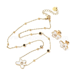 女性用フラワー 304 ステンレス ペンダント ネックレス & スタッド イヤリング セット  プラスチック製の模造真珠と合成貝殻を使用  イオンプレーティング（ip）  ゴールドカラー  16.14インチ（410mm）&nbsp;SJEW-B020-02G