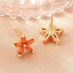 真鍮製 マイクロパヴェ キュービックジルコニア スタッドピアス 女性用  花  カドミウムフリー＆鉛フリー  長持ちメッキ  ラックめっき  18KGP本金メッキ  レッドオレンジ  11.5x12mm&nbsp;KK-A305-05G-06