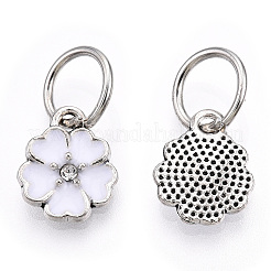 エナメル風の花の合金ラインストーンチャーム  鉄パーツ  アンティークシルバー  ホワイト  13.5x11x3mm  穴：6mm&nbsp;ENAM-S085-08