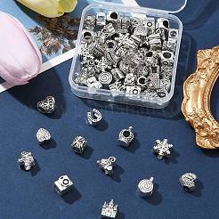 60個12スタイルチベットスタイルアロイヨーロピアンビーズ  大穴ビーズ  混合図形  アンティークシルバー  9~14.5x8.5~13.5x6.5~9mm  穴：4~5.7mm  5個/スタイル&nbsp;TIBEB-FS0001-04
