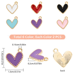 12本6色ラックメッキ合金エナメルチャーム  ハートチャーム  ミックスカラー  14.5x13x2mm  穴：1.6mm  2個/カラー&nbsp;ENAM-YW0004-62
