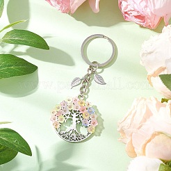 生命の木の合金キーホルダーが付いたフラットラウンド  アクリルとガラスビーズの花  モカシン  93mm&nbsp;KEYC-MZ00039-02
