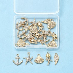 25スタイルの合金クリスタルラインストーンペンダント5個。  ラックめっき  カドミウムフリー＆ニッケルフリー＆鉛フリー  海をテーマにしたミックスシェイプ  ゴールドカラー  14.5~19.5x7.5~15x1.5~6.5mm  穴：1.6~2mm  5個/スタイル&nbsp;FIND-FS0004-14