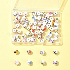 64個 8色 花柄プリント磁器ビーズ  花柄のセラミック製丸ビーズ  ミックスカラー  10mm  穴：2mm  8個/カラー&nbsp;PORC-FS0001-06