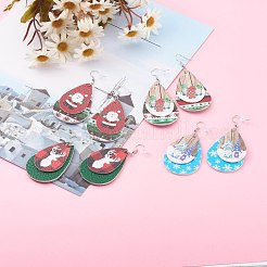 クリスマステーマ  puレザーティアドロップダングルピアス  真鍮製のピアスフック付き  プラチナ  ミックスカラー  80mm  ピン：0.65mm&nbsp;EJEW-JE04502