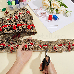 花柄 エスニック風 刺繍 花柄 ポリエステル リボン  ジャカードリボン  チロリアンリボン  服飾材料  ブラック  3~3-1/8インチ（75~80mm）&nbsp;OCOR-WH0070-322A-03