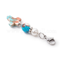 合成ターコイズクロスペンダント装飾  304ステンレススチールのロブスタークロウ留め金とシェルパールビーズ付き  ステンレス鋼色  54mm  6個/セット&nbsp;HJEW-JM03644-01