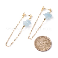 女性のための天然アクアマリンチップビーズダングルスタッドピアス  チェーンドロップピアス  ゴールドカラー  65x2mm  ピン：0.7mm&nbsp;EJEW-TA00028-01